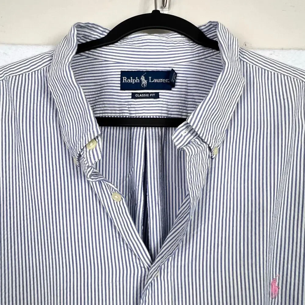 Ralph Lauren 3XB Seersucker Men Shirt Blue White Striped Short Sleeve Pink Pony